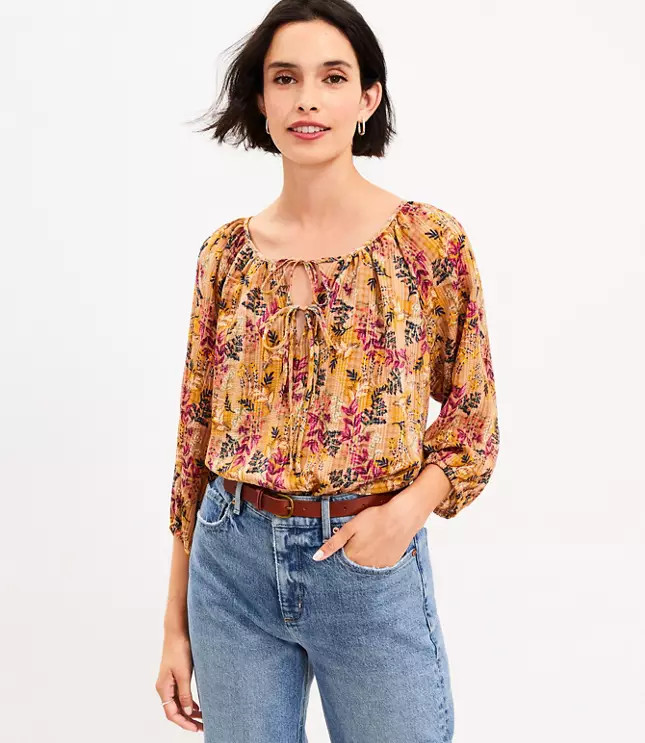 Floral Tie Neck Blouse | LOFT