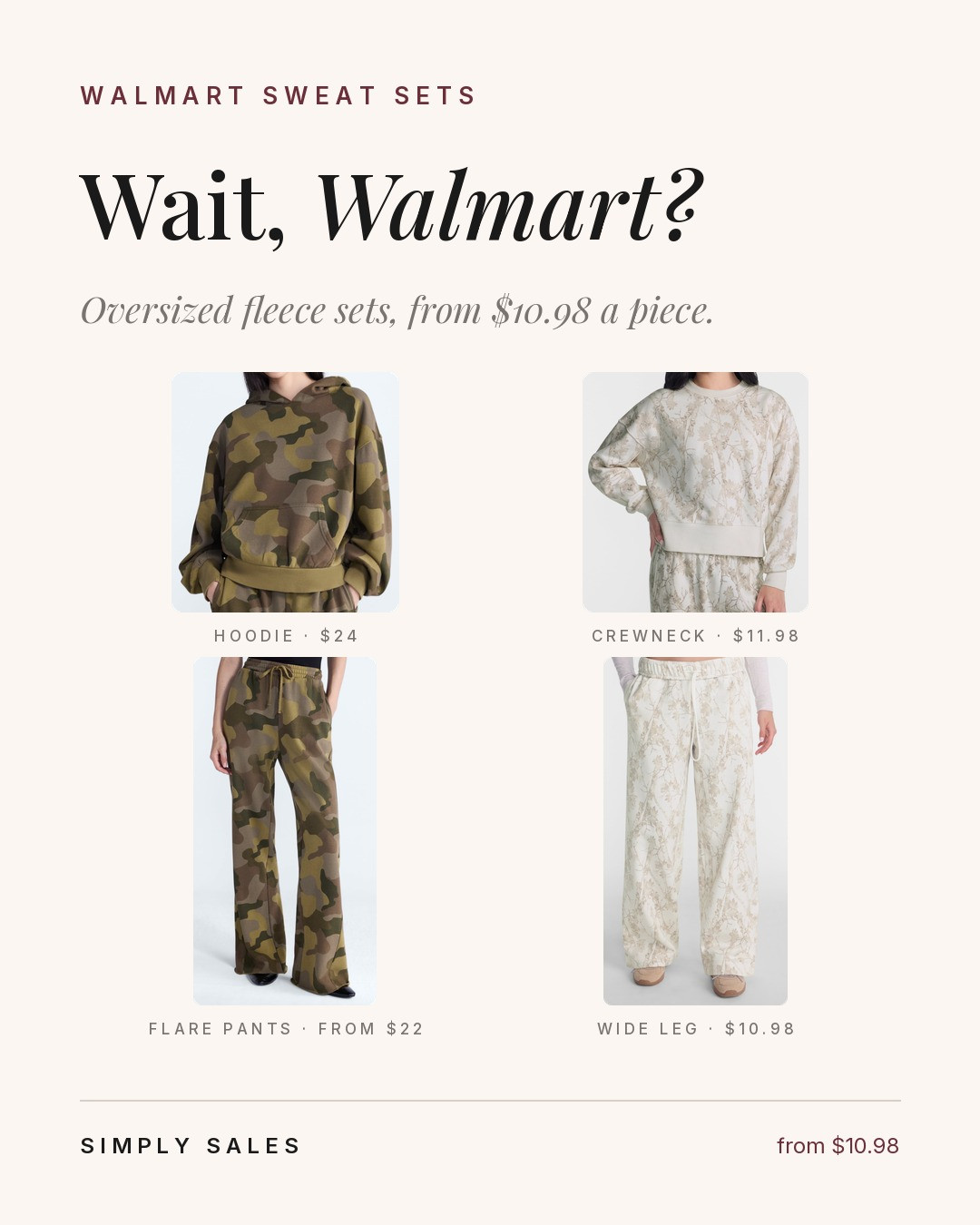 Wait… this is Walmart??? Abercrombie dupe oversized sweat sets for less 😍 No Boundaries crewneck $11.98 + wide leg pants $10.98, Scoop cropped hoodie $24 + flare pants from $22.

oversized hoodie, cropped hoodie, sweat set, matching set, fleece flare pants, wide leg sweatpants, camo crewneck, camo sweatshirt, loungewear, Walmart fashion, Abercrombie dupe

#LTKdayinmylife #LTKgrwm #LTKootd