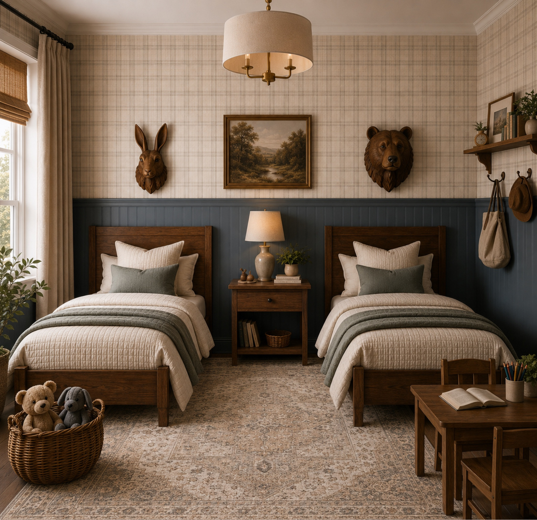 Shop the look: 
Warm walnut wood tones, layered neutrals, vintage-inspired textures, muted plaid wallpaper, and the dreamiest blue-gray wainscoting created the coziest space.

Paint color: Smoky Blue by Sherwin-Williams. 

#LTKHome
