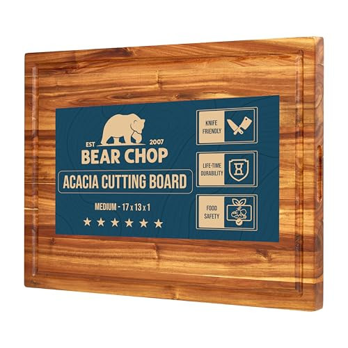 Bearchop Acacia Wood Cutting Boards for Kitchen, [17" x 13" x 1"] Medium Edge Grain Cutting Boards, Solid Wood Butcher Block Cutting Board with Juice Grooves and Handle, Knife Friendly and Reversible | Amazon (US)