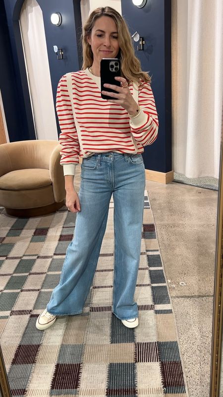 Spring outdoor event look: red and white striped puff sleeve sweatshirt, Citizen wide leg jeans, sneakers. Ok, these jeans just dropped at Evereve and they are sooo cute. Wide leg is majorly trending with a sneaker. Jeans shouldn’t “puddle” but hit right above the ground. These are long so try them and see. Laura sized down one and is in a 25. You want them fitted through booty. Top is tts! 

#LTKstyletip #LTKover40 #LTKVideo