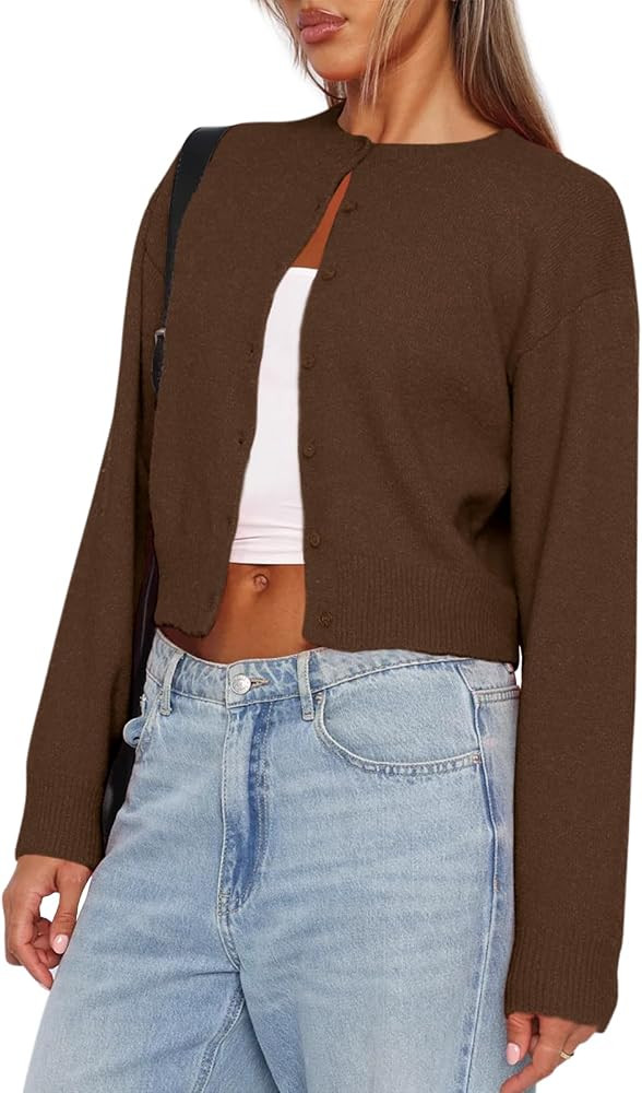 Balimtoy Womens Cropped Cardigan Long Sleeve Button Up Sweaters | Amazon (US)