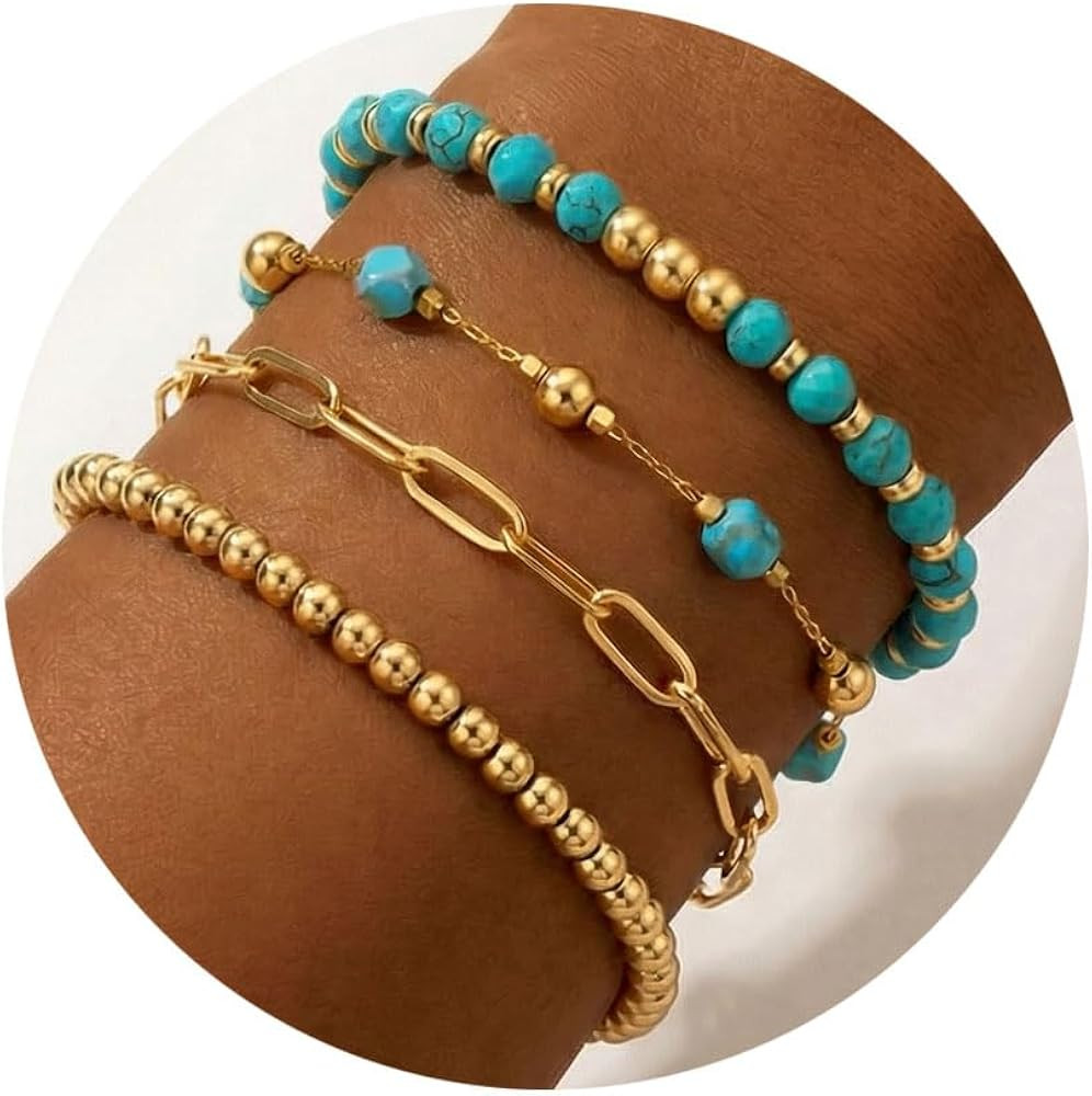 Myofeng 4 Pcs Turquoise Bracelets Bohemian wind 14K Gold Beaded Bracelets Stackable Adjustable Pa... | Amazon (US)