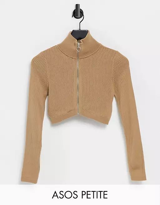 ASOS DESIGN Petite zip through crop cardigan in camel | ASOS (Global)