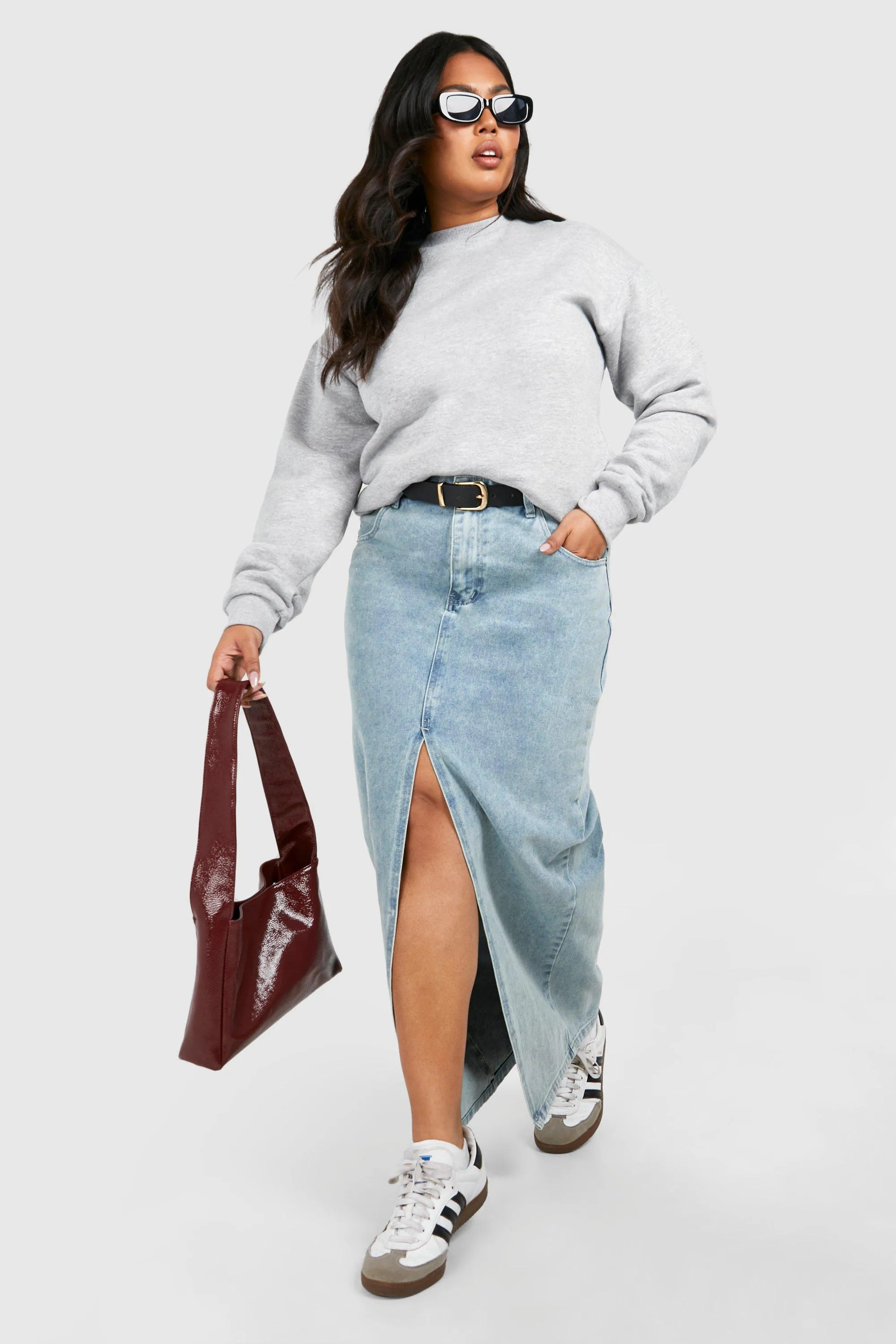 Plus Pocket Detail Split Front Denim Maxi Skirt | boohoo (US & Canada)