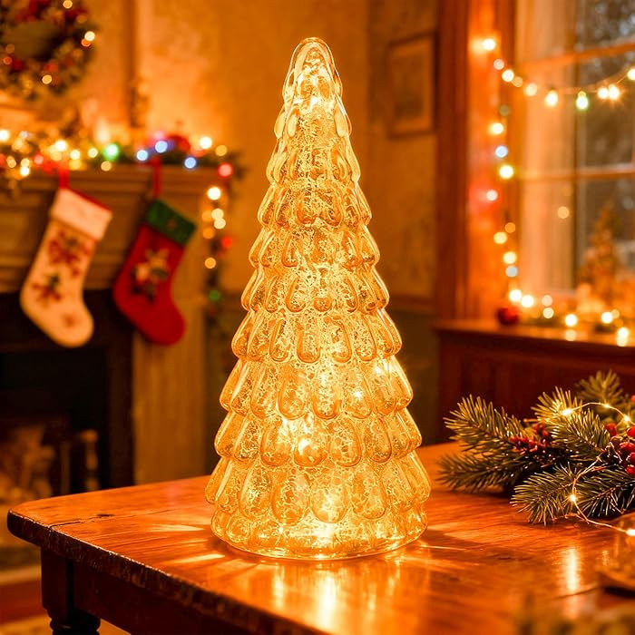 Mercury Glass Christmas Tree Tabletop Decoration, 12 inches Tall — Gold Blown Glass LED Christm... | Amazon (US)