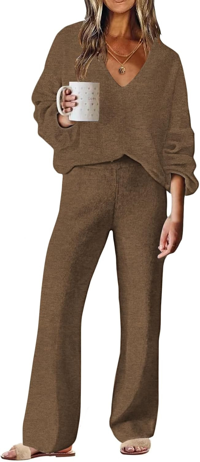 ETCYY NEW Womens 2 Piece Outfits Sweater Lounge Set Casual V Neck Knit Pajama Set Long Sleeve Top... | Amazon (US)