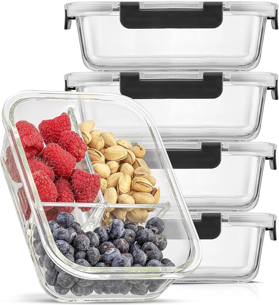JoyJolt Divided 3 Compartment Glass Meal Prep Bento Box Set. 5 Pack Airtight Food Storage Contain... | Amazon (US)