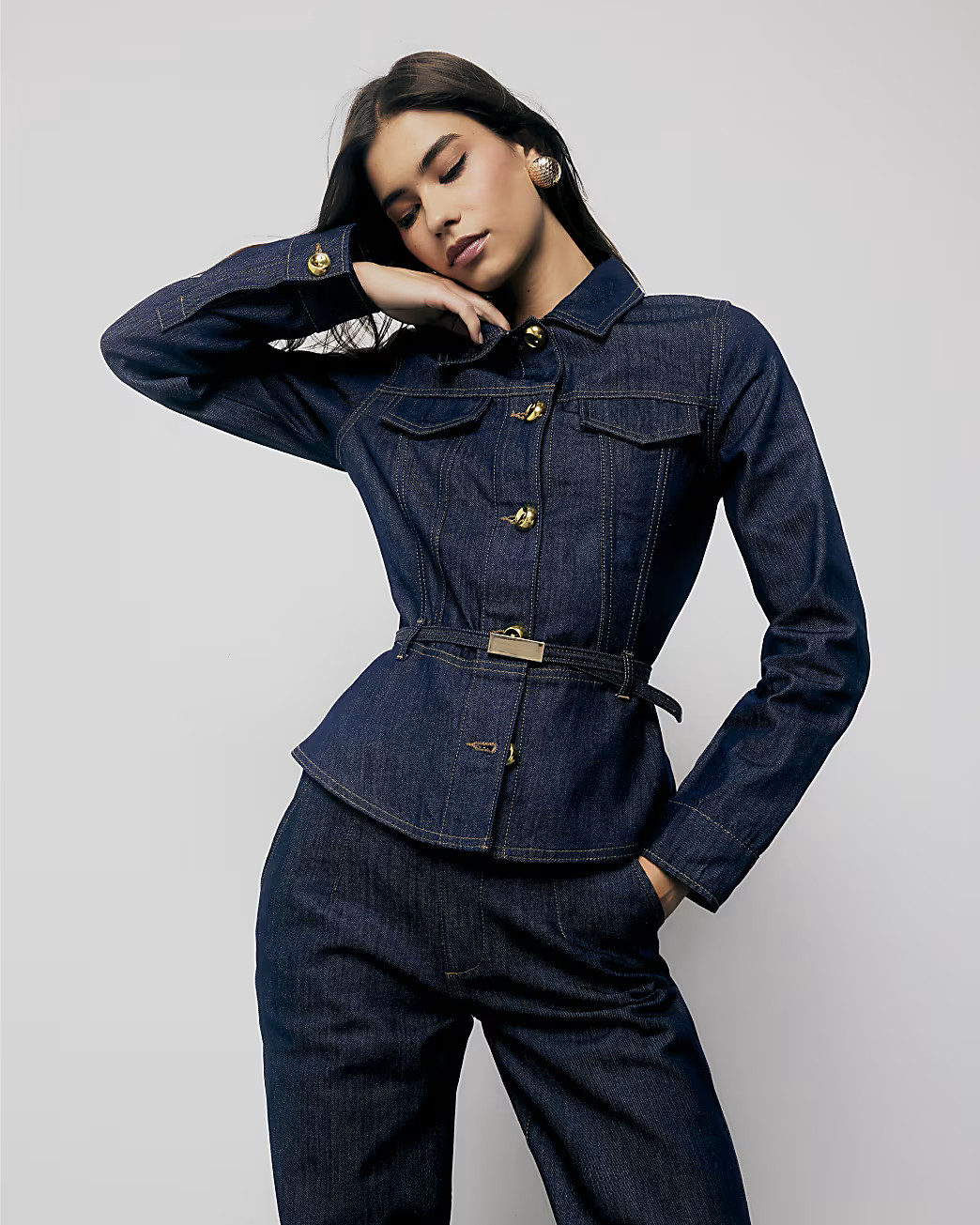 Indigo Denim Long Sleeve Belted Peplum Jacket | River Island UK & IE