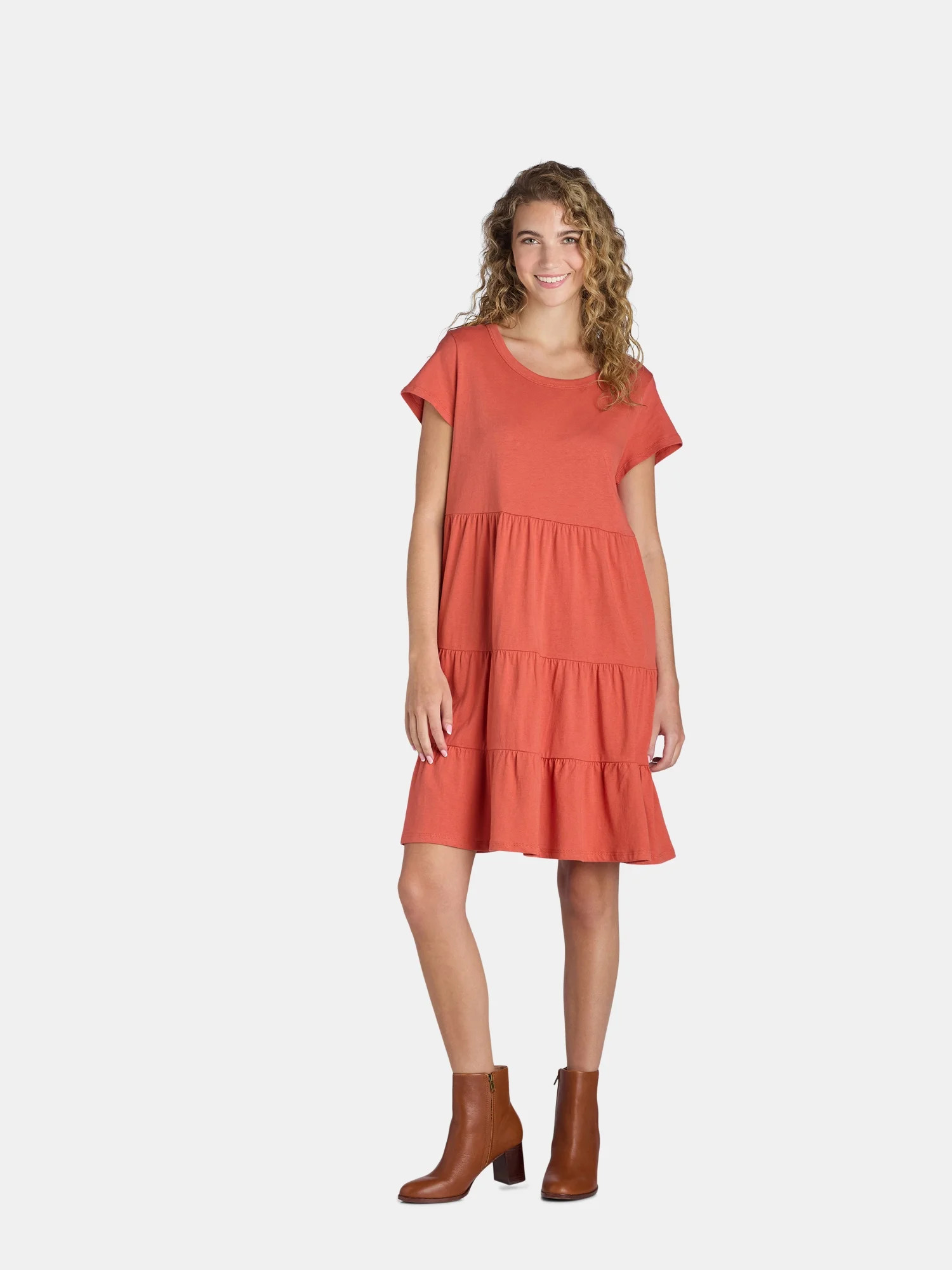Time and Tru Women's Cotton Knit Tiered Dress, Sizes XS-XXXL | Walmart (US)