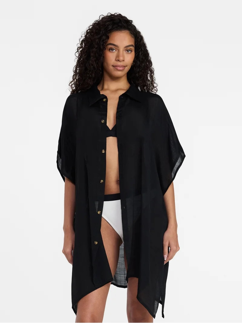 Time and Tru Women's Black Soot Button Down Coverup, Small/Medium | Walmart (US)