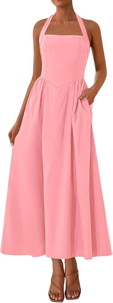 KIRUNDO Women Summer Sleeveless Halter Maxi Dress Sundress 2025 Casual Flowy Wedding Guest Cockta... | Amazon (US)