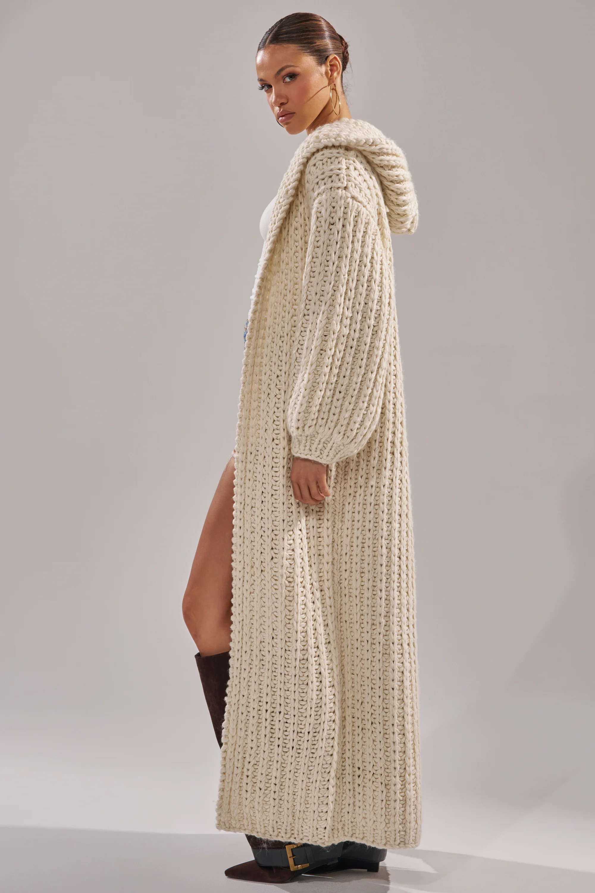 AKIRA Cozy Crochet Long Hooded Cardigan Sweater | Size Large/XL | AKIRA