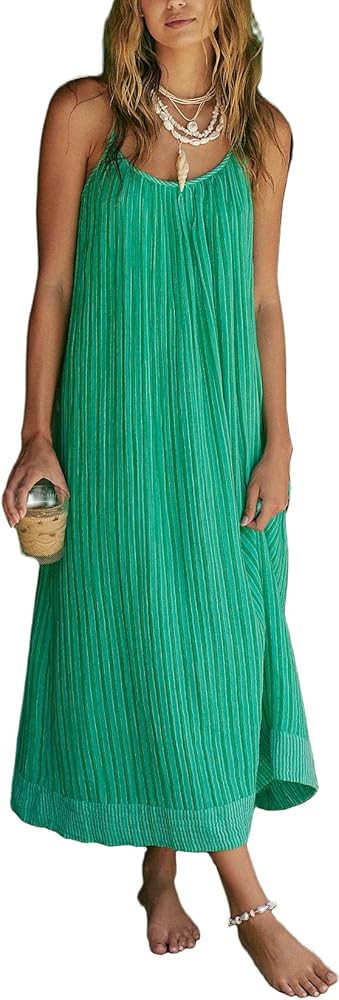 Striped Maxi Dress for Women Y2k Summer Long Flowy Beach Dress Boho Spaghetti Strap Backless Swin... | Amazon (US)