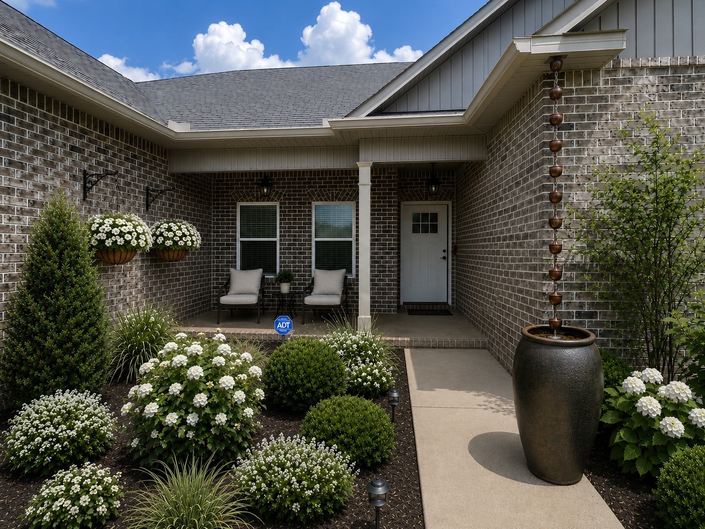 Client design 

I recommend additional landscaping. Replacing the downspout with a rain chain. Hanging baskets along the wall. An outdoor rug and lighting. 

Client already owned the furniture but I think a porch swing would be cute too.

#LTKHome