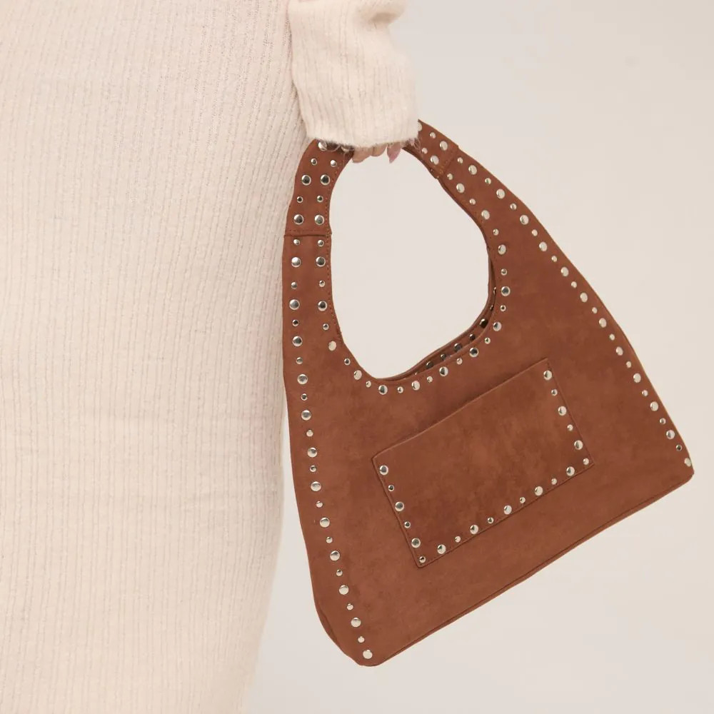 Nora Stud Detail Shaped Shoulder Bag In Brown Faux Suede | EGO (UK)