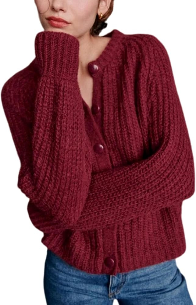 Bianstore Women's Casual Long Sleeve Crewneck Button Down Cardigan Sweater Knit Outwear | Amazon (US)