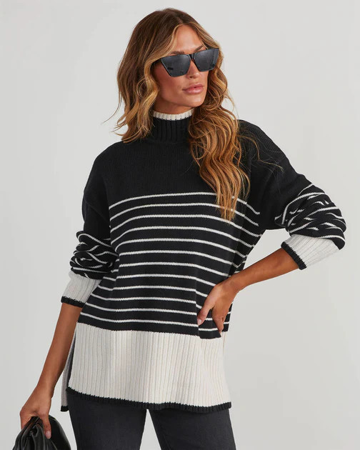 Ceejay Striped Turtleneck Sweater - Black | VICI