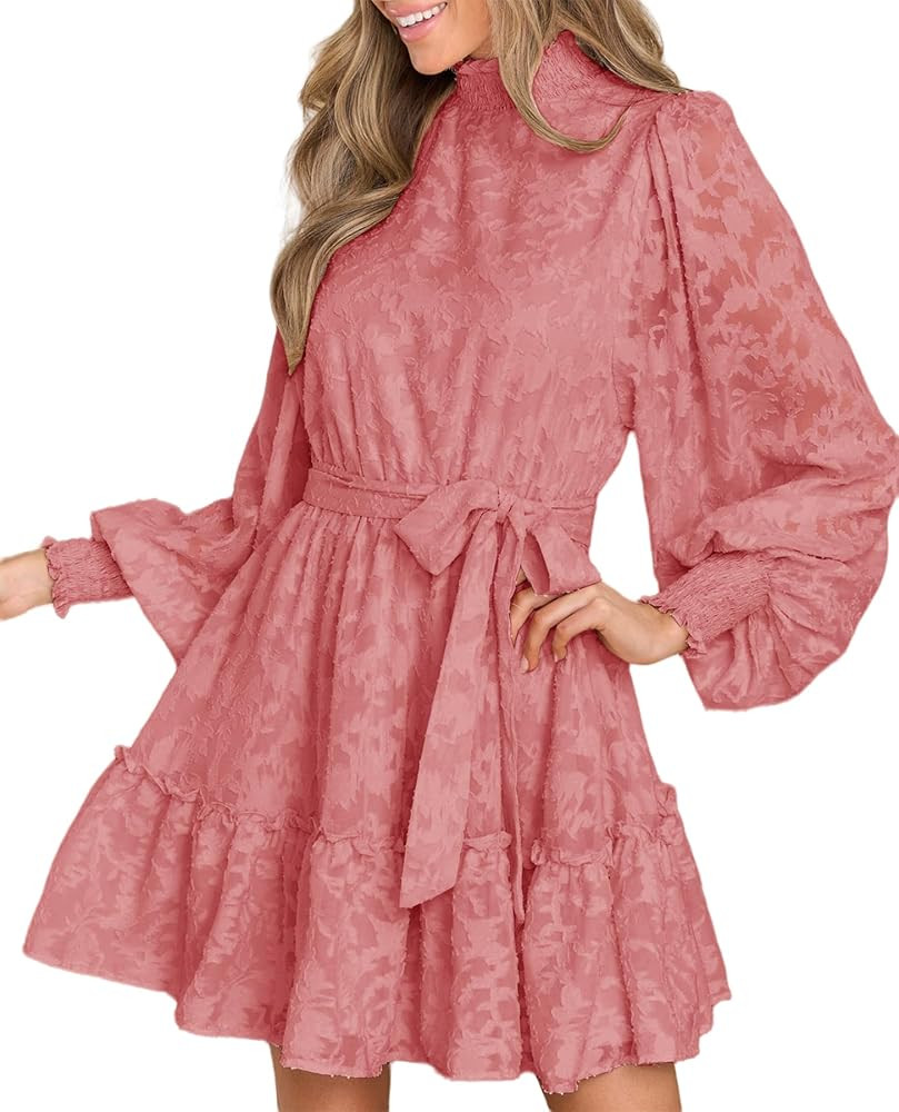 Ferlema Womens 2023 Long Puff Sleeve Smocked High Neck Tie Waist Floral Lace A Line Flowy Party M... | Amazon (US)
