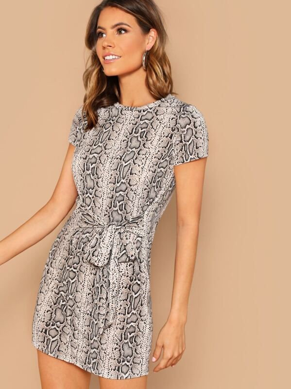 Snake Print Waist Tie Jersey Shirt Dress | SHEIN