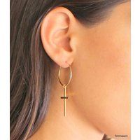 Cross Hoop Earrings, Minimalistic Cross Charm Earrings, cross earrings, hoop earrings, dangle cross earrings, Dainty cross hoop earrings | Etsy (US)