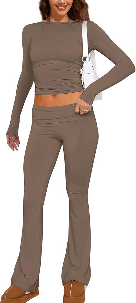MISSACTIVER Women's Two Piece Outfit Basic Long Sleeve Crop Top and Low Rise Flare Pants Set Loun... | Amazon (US)