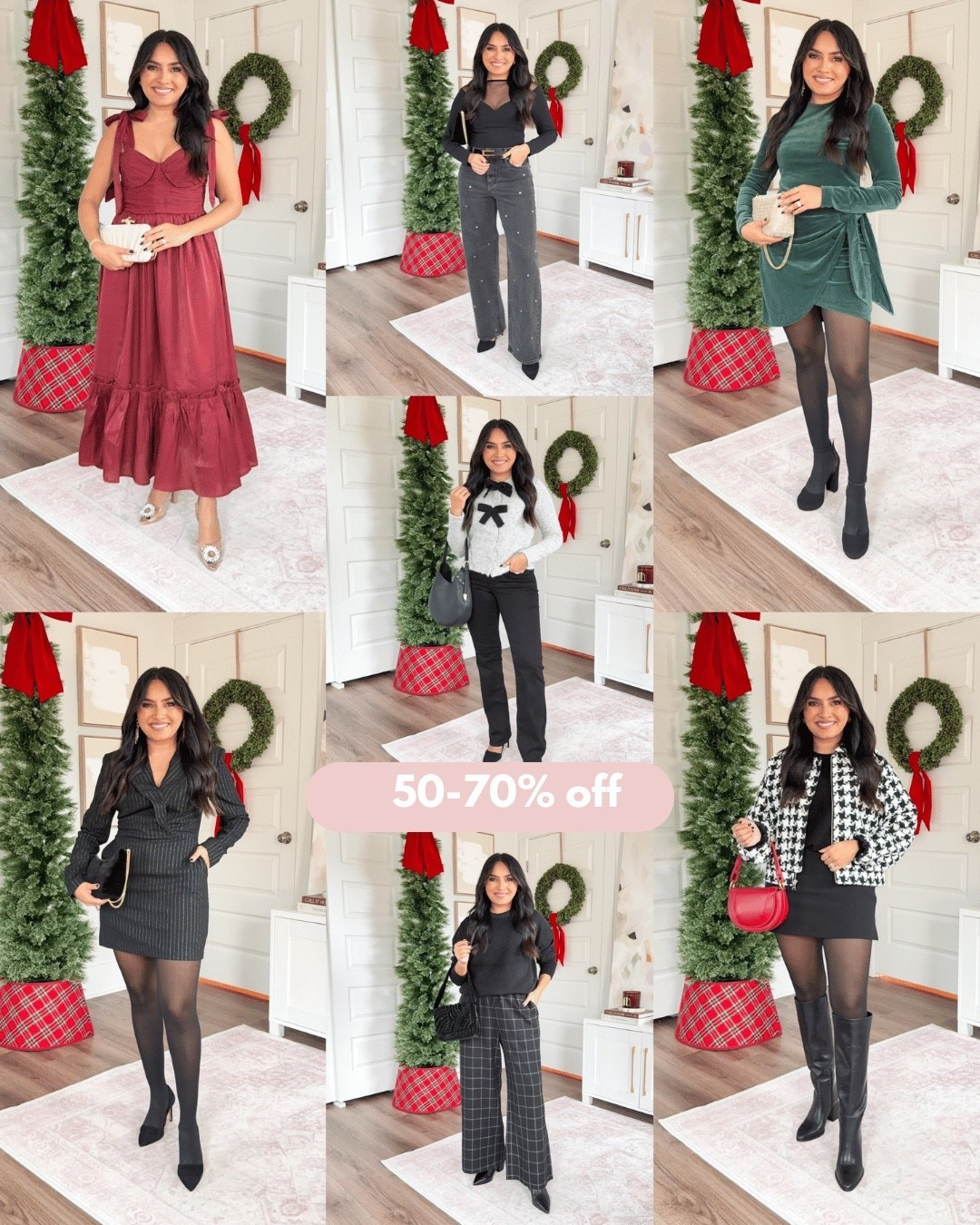 Holiday outfits for every occasion!
For reference: I’m 5’0, 32b bra size, and 2/26 in bottoms, pear shaped. 
*Everything I share is unaltered! TTS means true to size. Between size 5-6.6 in shoes

Wine red burgundy tie shoulder dress size small TTS - used my stitchy to take the straps in!
Rhinestone heels - similar linked

Pinestripe blazer dress size xs TTS
Black tights size small TTS
Black heels size 5 TTS


Houndstooth jacket size xs TTS
Black mini skort size 2 TTS
Black tights size small TTS
Black boots size 5.5 TTS

Bow cardigan size xs TTS
Black jeans size 0 petite - sized down one size
Black heels size 5 TTS

Emerald green wrap dress size xs TTS
Black tights size small TTS
Black heels size 5 TTS

Black sweater size xs TTS
Black plaid wide leg pants size xs short TTS
Black leather boots size 5.5 TTS


Black sheer neck bodysuit size xs TTS
Black silver studded straight jeans size 2 short TTS
Black belt size small TTS
Black heels size 5 TTS

holiday outfits
christmas outfits
petite holiday style
festive outfit ideas
nye outfit inspo
new years eve outfits
petite christmas outfits
holiday party outfits
winter wedding guest outfit
cozy christmas morning outfit
holiday work party outfit
petite 5’0 outfits
holiday dress ideas
winter festive fashion
christmas eve outfit
Black friday
Cyber monday
Rachelmirandablog
Honeysweetpetite


Comment SHOP below to receive a DM with the link to this post on my LTK ⬇ https://liketk.it/5CaCH #ltkpetite #ltkcyberweek #ltksalealert

#LTKPetite #LTKHoliday #LTKSaleAlert