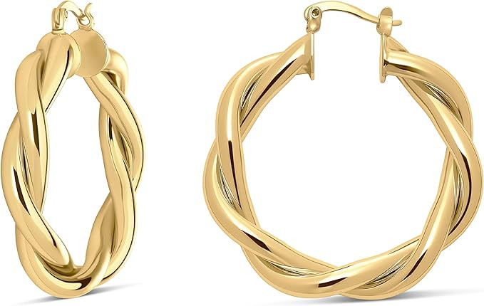 MILLA Twisted Hoop Earrings - 14k Gold Plated Earrings for Women or Chunky Silver Hoops - Gold St... | Amazon (US)