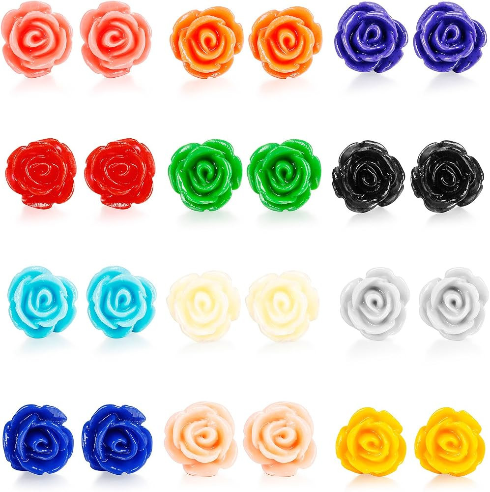 LOYALLOOK 12 Pairs Assorted Colors Resin Rose Flower Earrings Studs for Sensitive Ears Flower Stu... | Amazon (US)