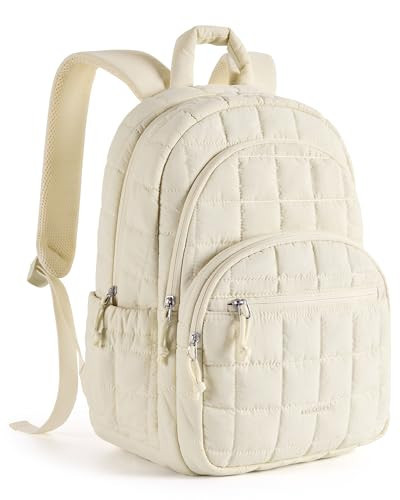 BAGSMART College Laptop Backpack, Travel Backpack for Women, Quilted Casual Daypack, Water-Resistant Bookbag for 15.6 Inch Laptop, Beige | Amazon (US)