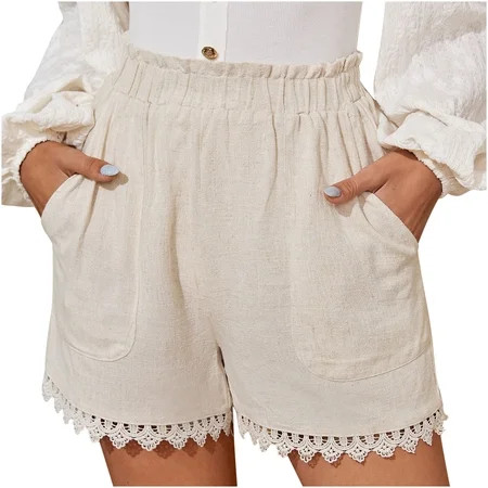 Womens Elastic Waist Linen Shorts Casual Solid Lace Patchwork Short Pants with Pockets Versatile Sho | Walmart (US)