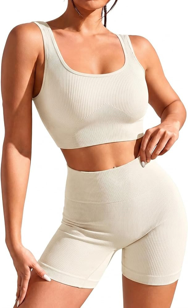 Workout Sets for Women 2 Piece Seamless Ribbed Crop Tank High Waist Shorts Yoga Outfits | Amazon (US)