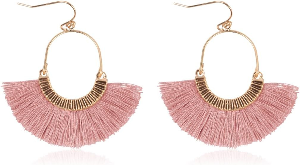 RIAH FASHION Bohemian Silky Thread Tassel Statement Drop Earrings - Geometric Strand Fringe Diamo... | Amazon (US)