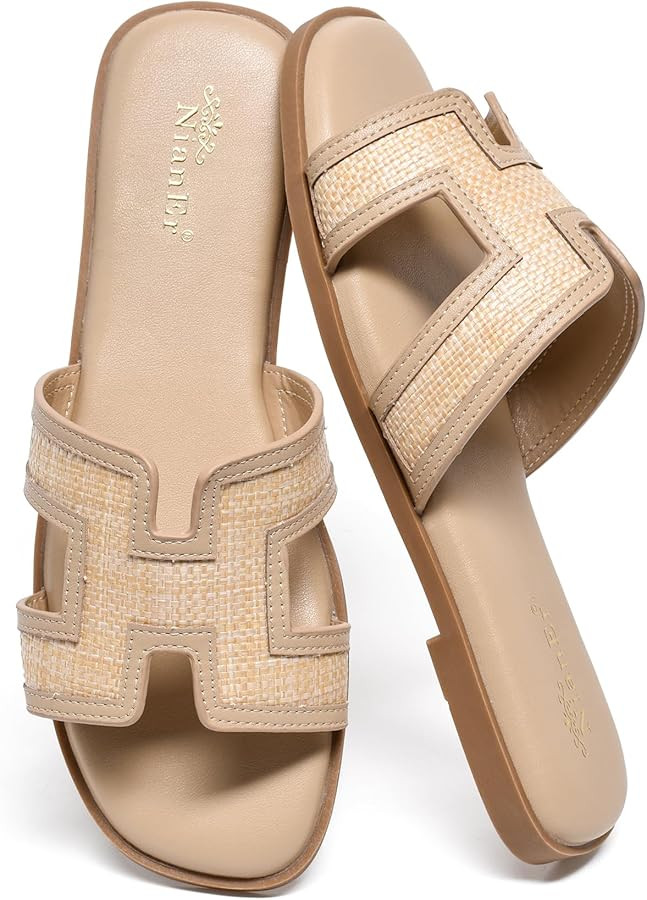 NianEr Womens Microfiber Leather Comfort Foam Support H Sandals Square Toe Dress Dressy Slip On C... | Amazon (US)