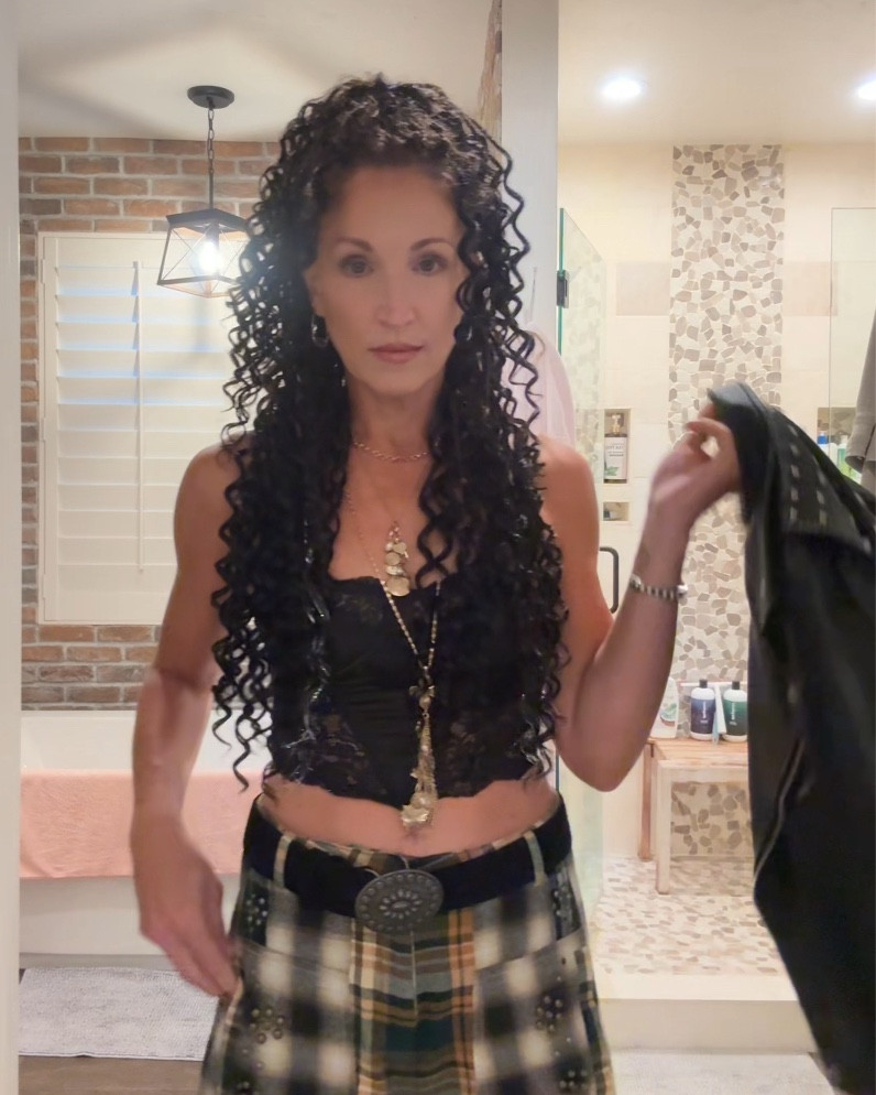 This is as edgy as I get. I went to a heavy metal concert in a black silk and lace corset, plaid pants, moto boots, black studded leather, and lots and lots of jewelry. These layering necklaces from Free People are stunning!  Hair by moi  and pants are Free People Gonna Talk trousers (I found mine on Poshmark).

#LTKSeasonal #LTKParties #LTKHalloween