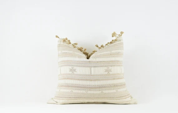 Read the full title
    Poppy- Cream and Beige Silk Pom Pillow Cover | Etsy (US)