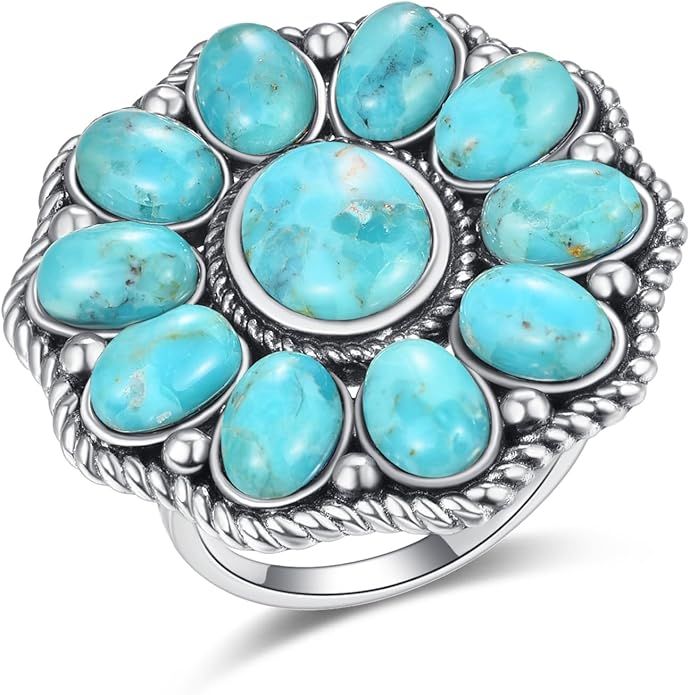 Turquoise Ring for Women 925 Sterling Silver Vintage Boho Flower Ring Bohemian Statement Rings Tu... | Amazon (US)