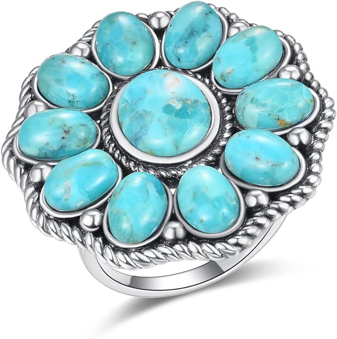 Turquoise Ring for Women 925 Sterling Silver Vintage Boho Flower Ring Bohemian Statement Rings Tu... | Amazon (US)