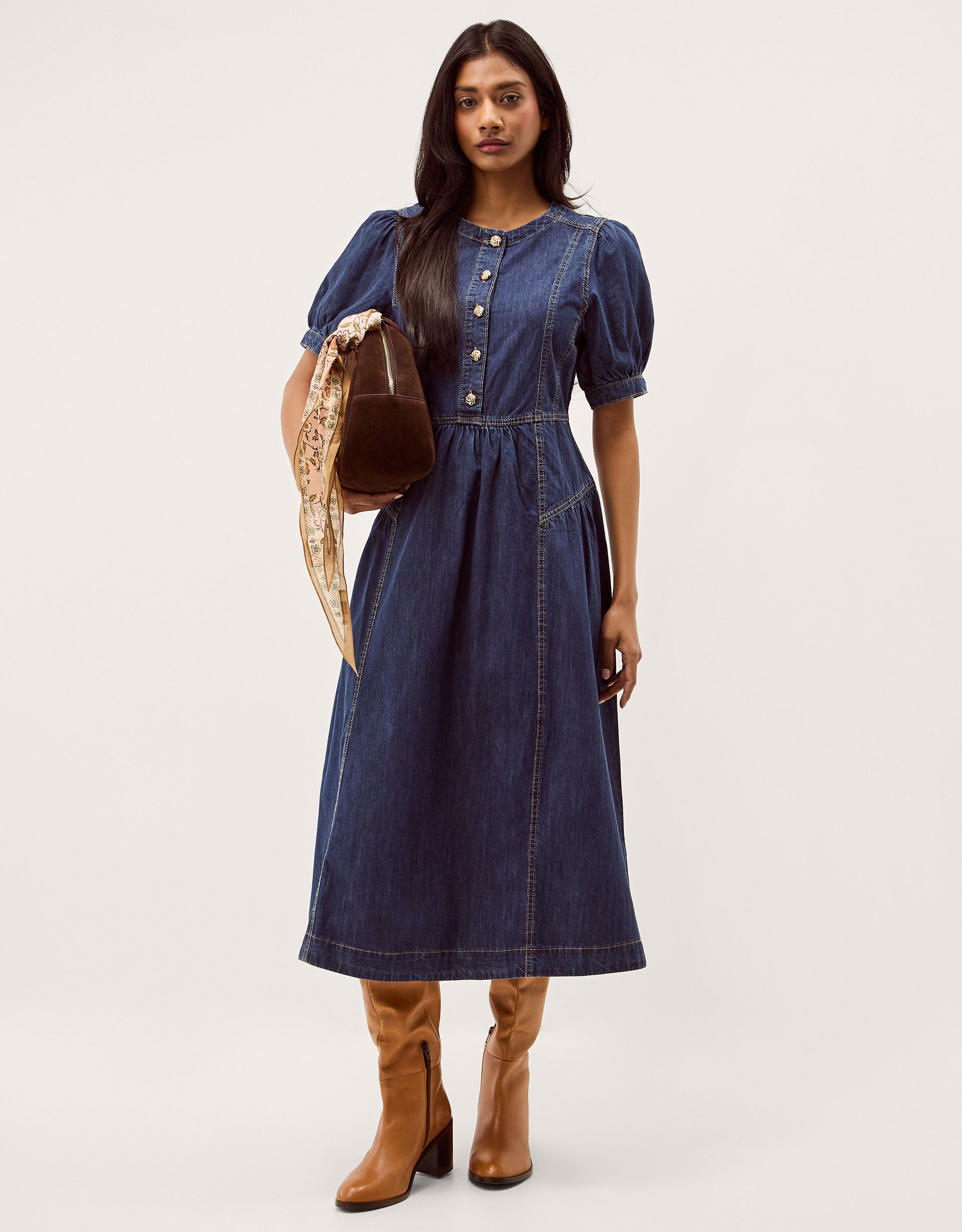 Eliza Puff Sleeve Denim Midi Dress Blue | Monsoon (UK)