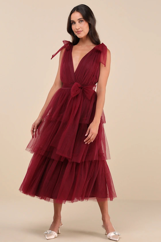 Flawless Arrival Burgundy Tulle Tie-Strap Tiered Maxi Dress | Lulus