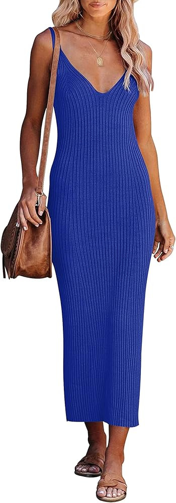 MEROKEETY Womens 2024 Summer V Neck Knit Midi Dress Bodycon Sleeveless Ribbed Sweater Dresses | Amazon (US)