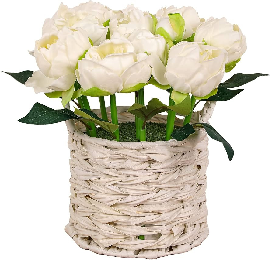 National Tree Company Artificial Flower Bouquet, Peony Flower Blooms, White, Includes White Baske... | Amazon (US)