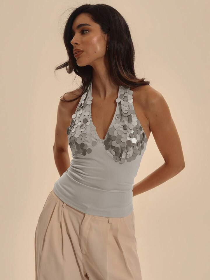MUSERA Cute Sexy Romantic Elegant Halterneck Plunge Front Oversized Sequin Bust Tie Neck Fitted Tank Top Spring Summer Vacation Club Occasion Ibiza | SHEIN