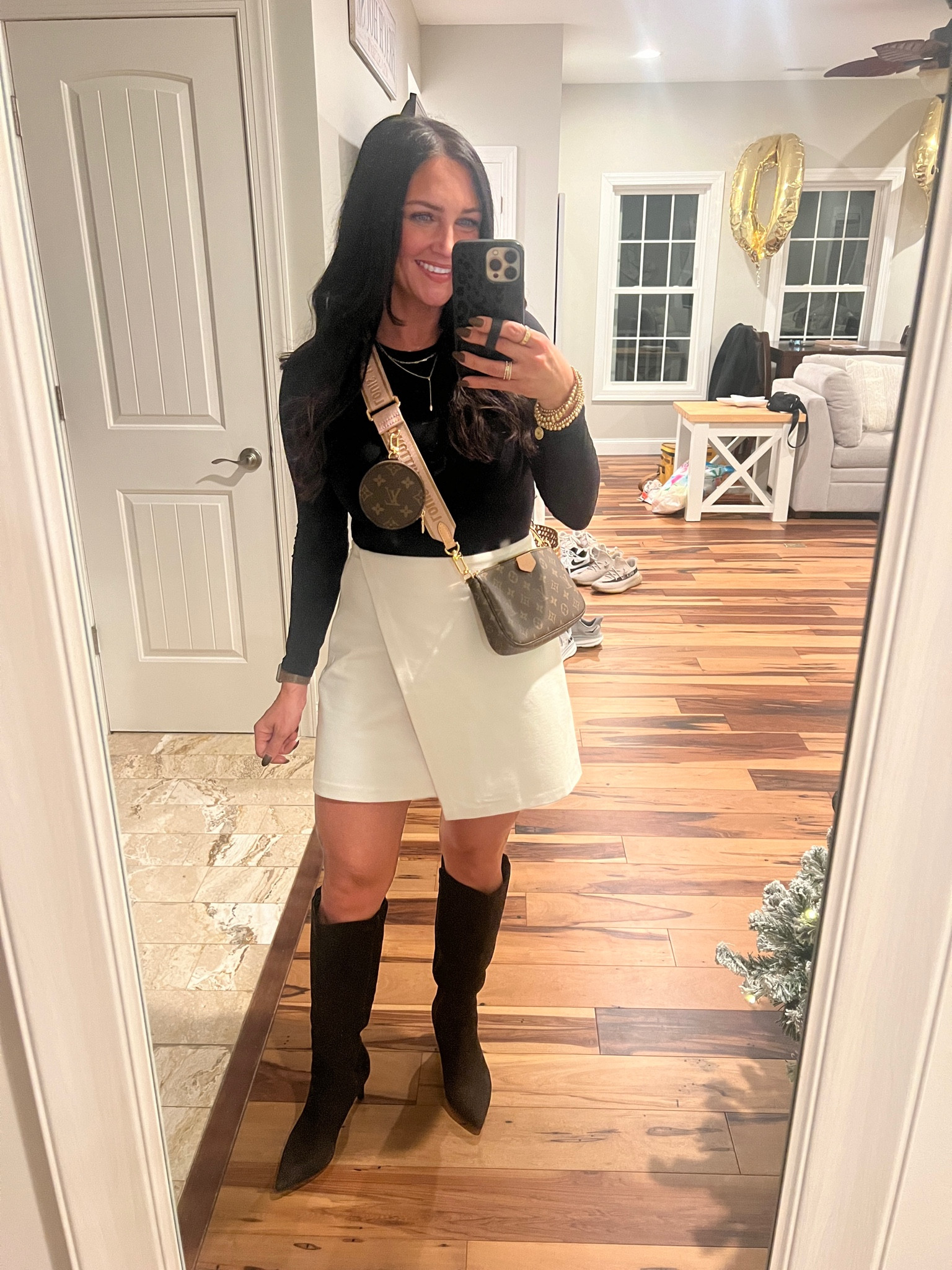 Fall dinner outfit of the night. Loving the winter white skirt with boots!
