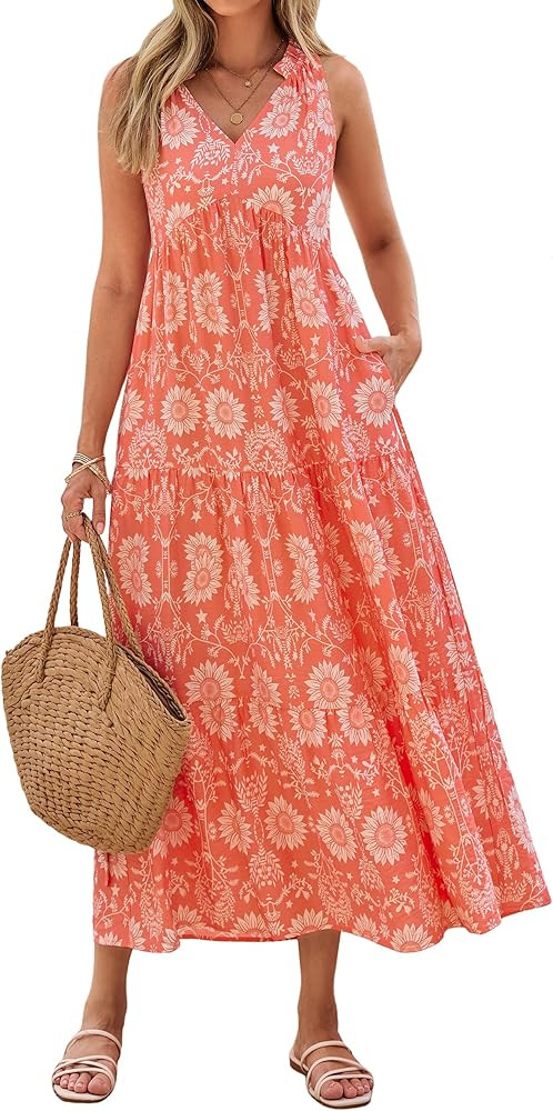 Glamaker Womens Summer Floral Maxi Dress Casual V Neck Sleeveless Loose Fit Boho Flowy A Line Tie... | Amazon (US)