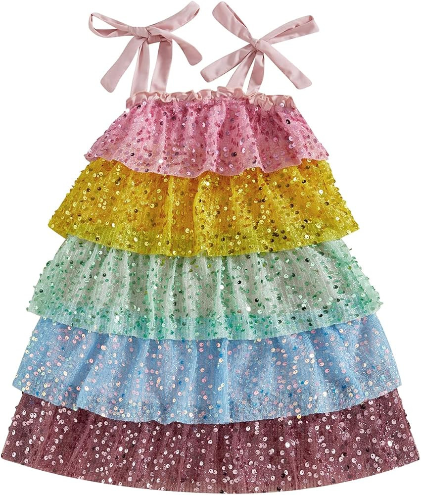 Toddler Girl Tie Shoulder Sequins Rainbow Dress Sleeveless Tulle Tutu Tiered Layered Ruffles Dres... | Amazon (US)