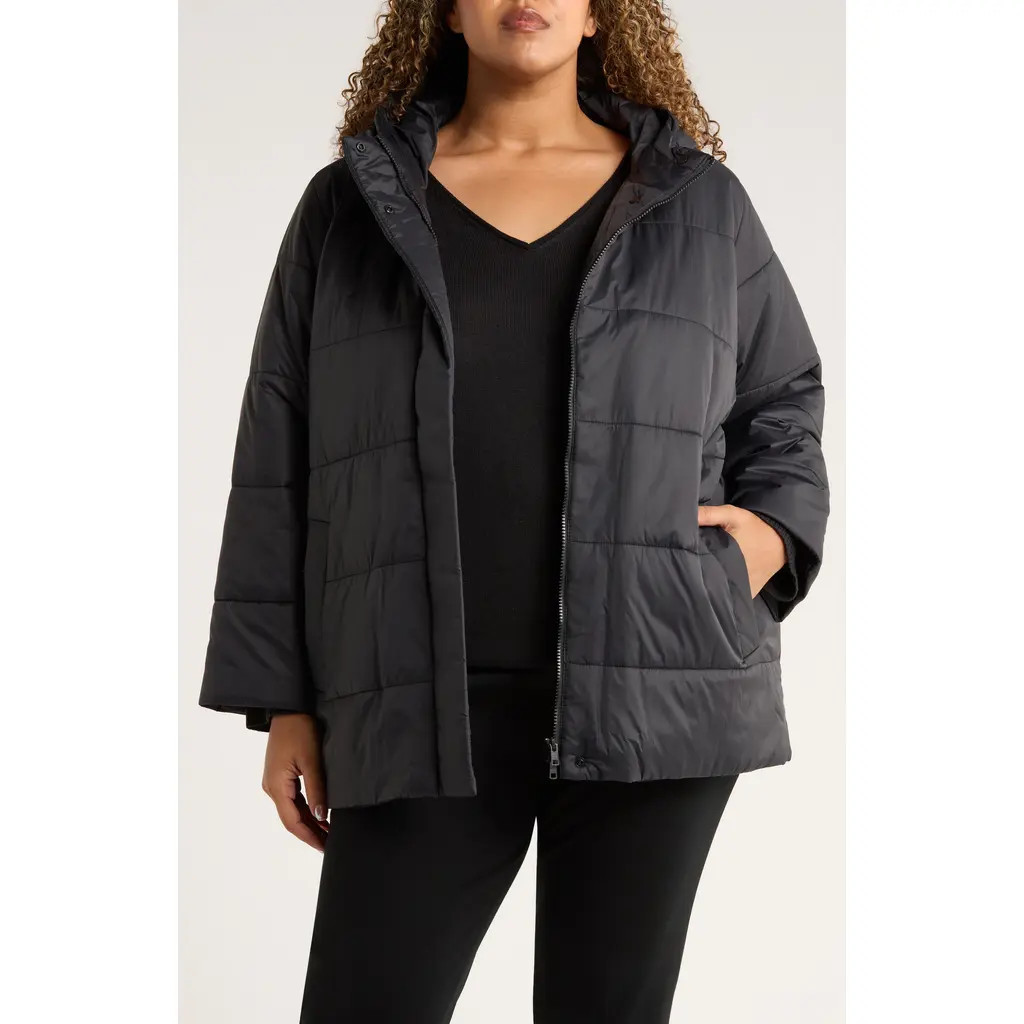 Eileen Fisher Hooded Puffer Jacket in Black at Nordstrom, Size 3X | Nordstrom