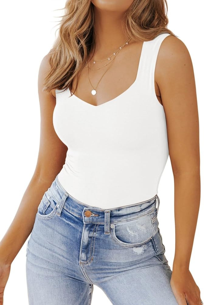 PINKMSTYLE Women's Basic Double Lined V Neck Tank Tops Sleeveless Shirts Slimming Summer Tops | Amazon (US)