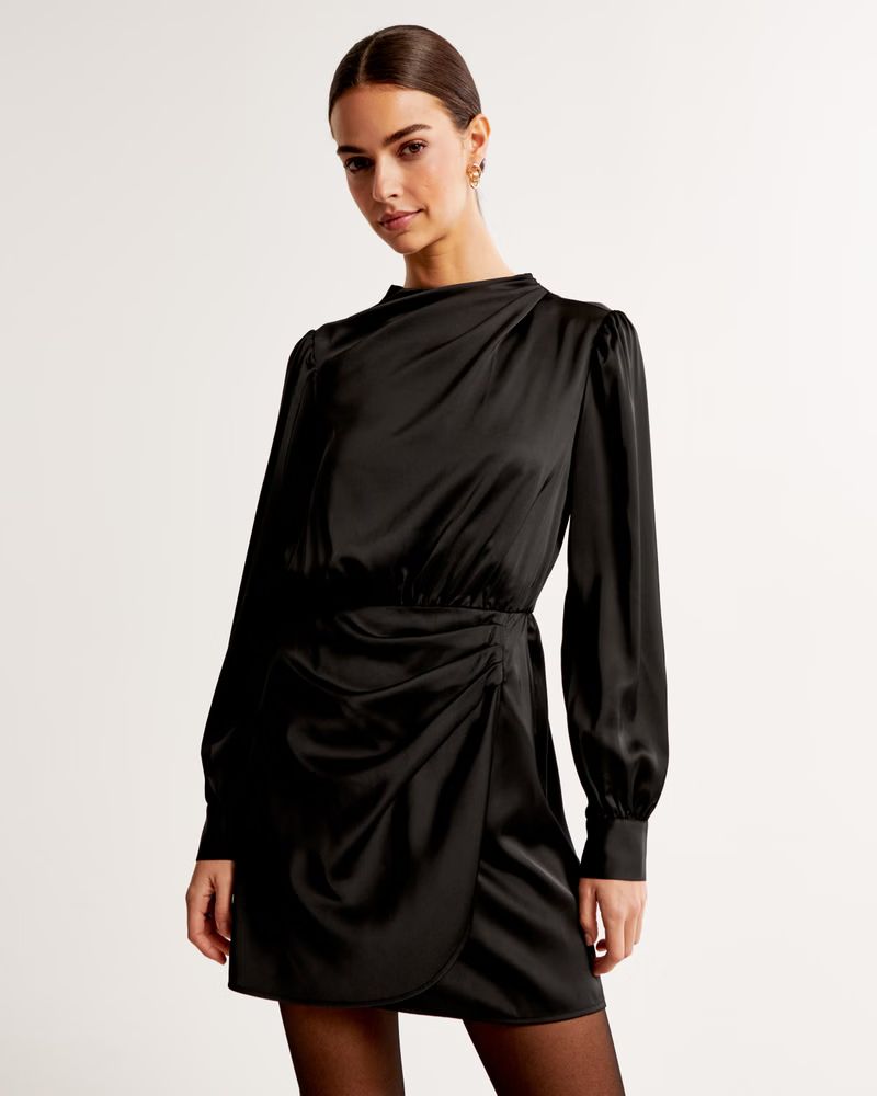 Women's Long-Sleeve Satin Draped High-Neck Mini Dress | Women's Clearance | Abercrombie.com | Abercrombie & Fitch (US)