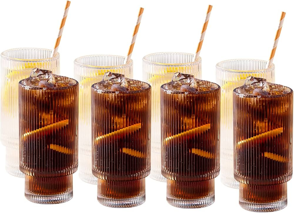 SUNNOW 11 Ounce Stackable Ribbed Glass Cup,Iced Tea Glasses for Water, Beverage,Juice, Wine,Beer ... | Amazon (US)